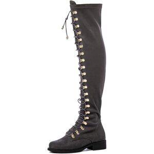 Women's Grey Faux Leather Side Zipper Over The Knee Thigh High Tall Boots